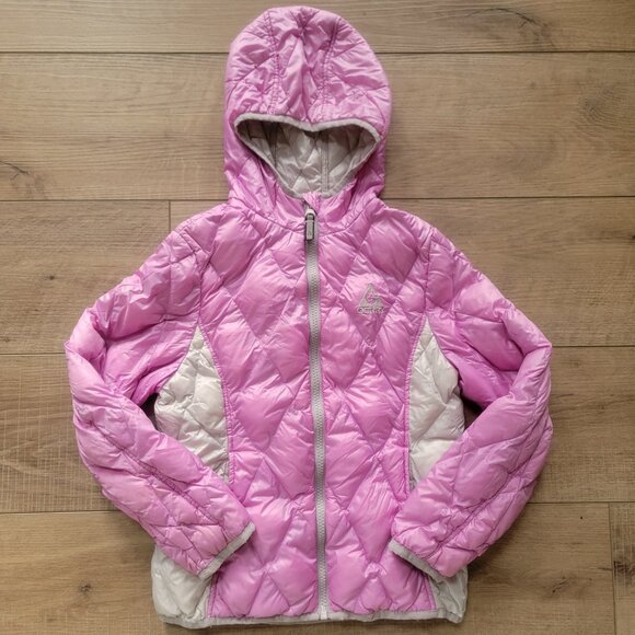 Gerry Girls Puffer Jacket Small 7/8, Hooded, 650 Fill Down, Pink/Grey, Quilted - Picture 1 of 17